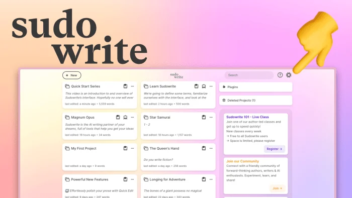 Sudowrite project dashboard with story and drafting tiles.