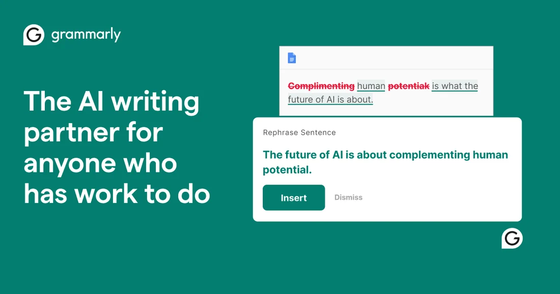 Grammarly writing suggestion interface showing tracked wording changes and a rephrase card.