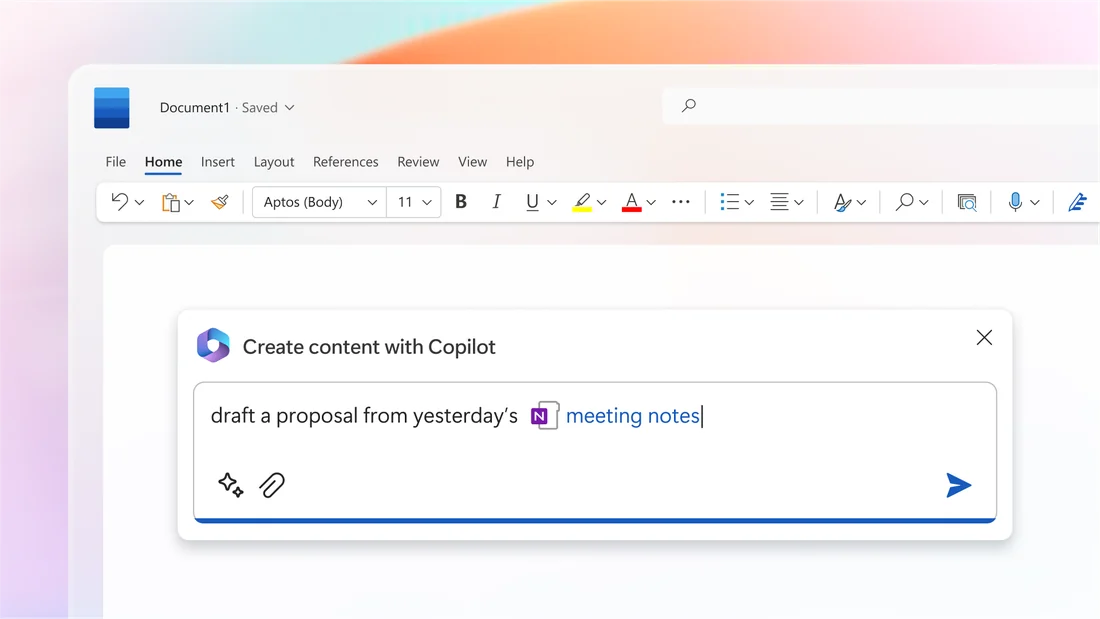 Microsoft Word with a Copilot prompt panel drafting from linked meeting notes.