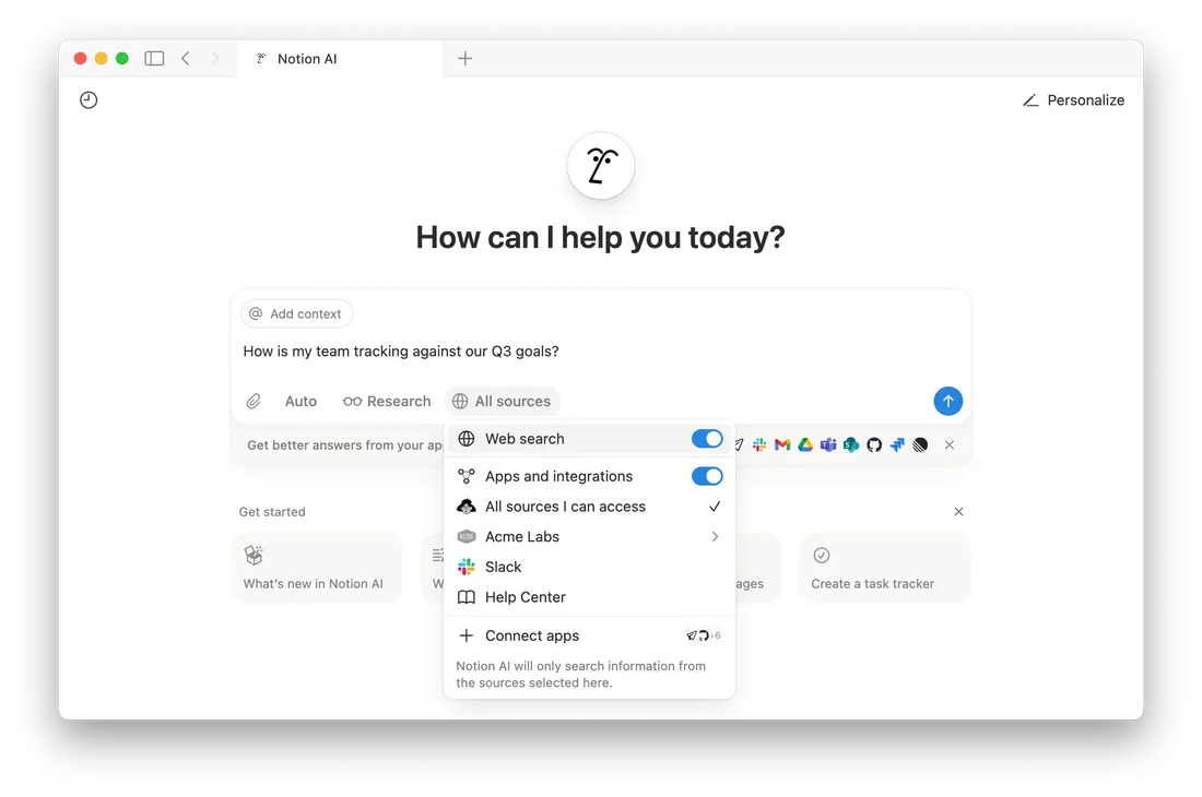Notion AI research interface with a source picker for web search, connected apps, and workspace sources.